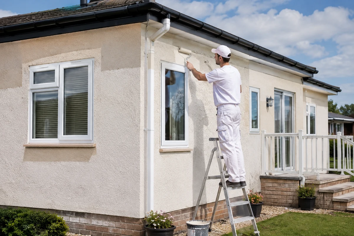 Exterior painting being carried out on a roughcast park home