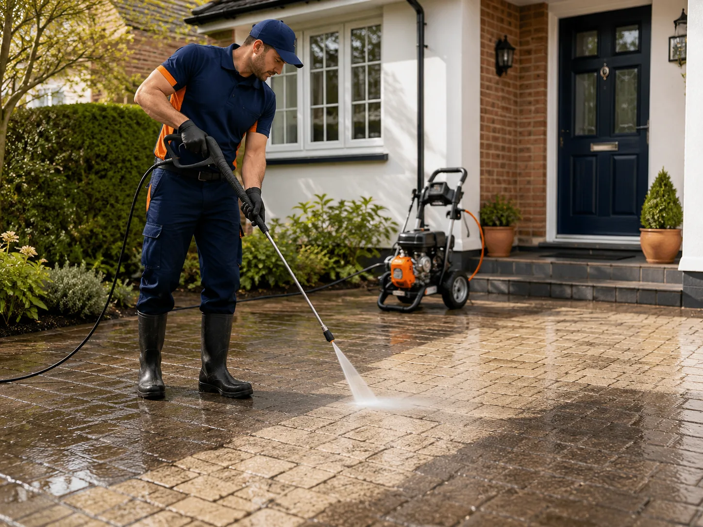 Pressure washing outdoor surfaces